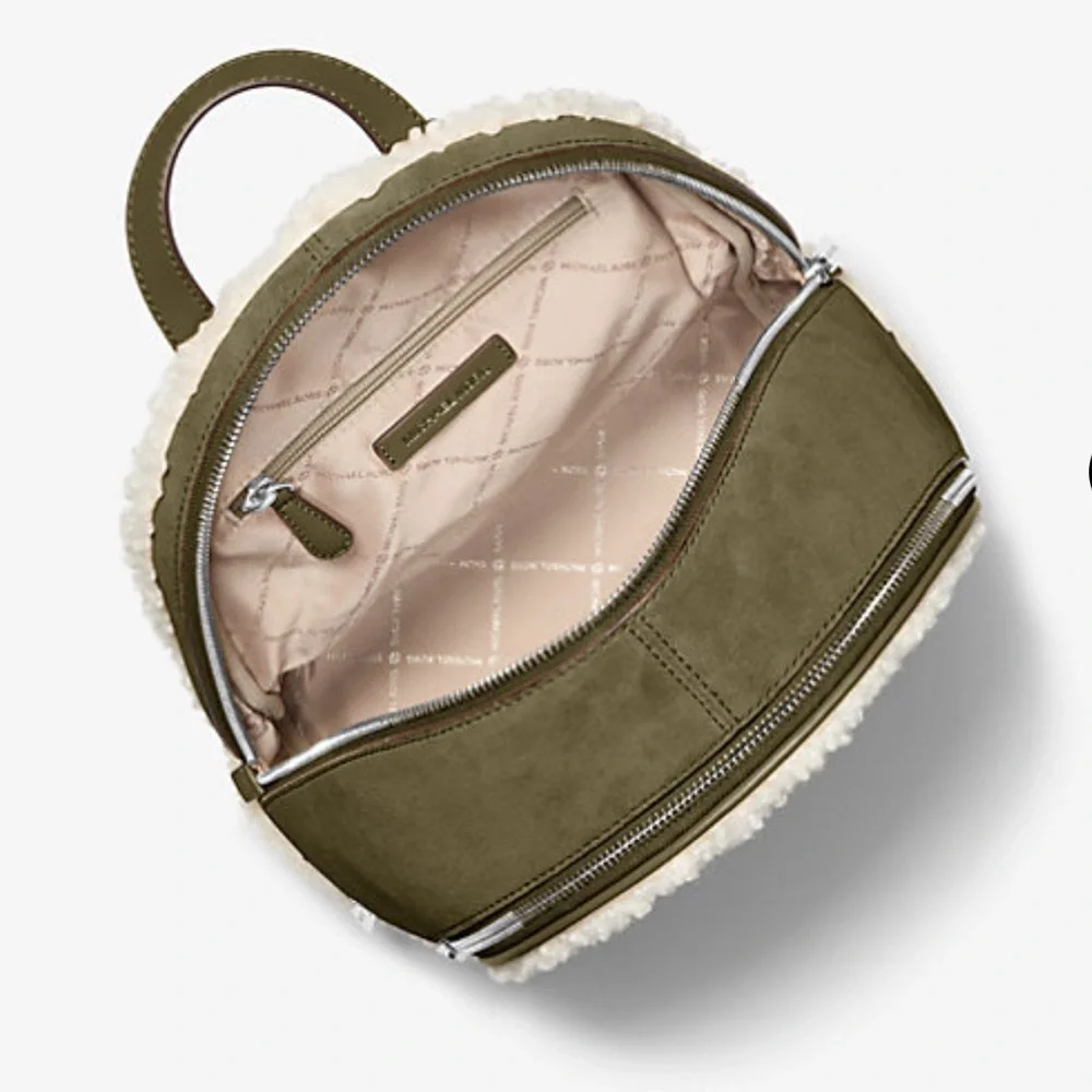 MICHAEL KORS Rhea Medium Suede and Faux Shearling Backpack Olive NWT